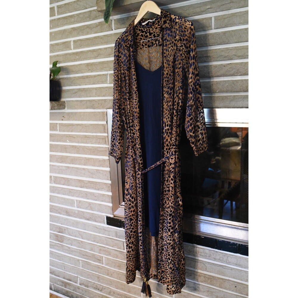 Soft Surroundings Mahali Maxi Dress L kimono 2 pc Blue Leopard Velvet Burnout